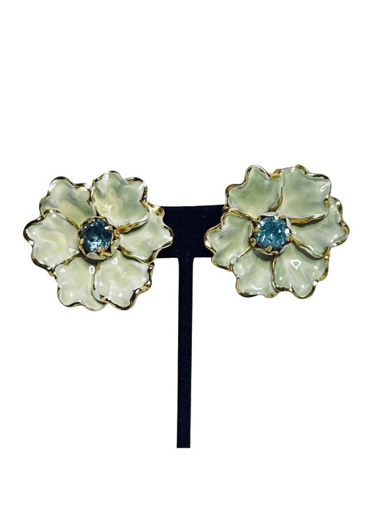 Unknown Jewelry - Gold Tone, Blue Rhinestone And Green Enamel Flower Clip On Earrings (6080)